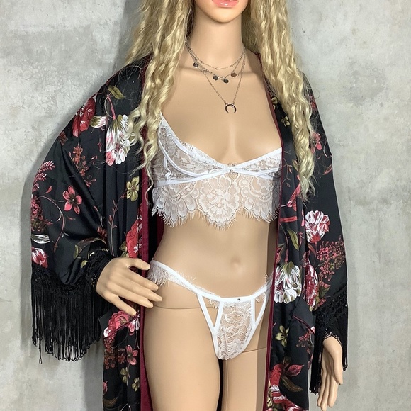 🌸KIMONO ROBE LONG MAXI FLOWER BOHO FRINGE SILK - Picture 3 of 12